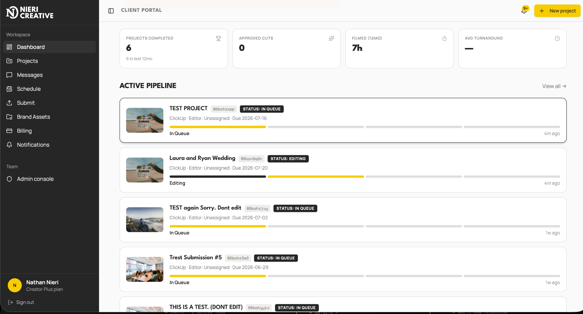 Nieri Creative portal — Dashboard